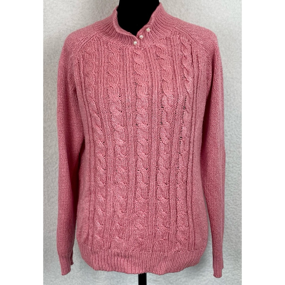 KAREN SCOTT • Dusty Pink Cable Knit Faux Pearl Button Mock-neck Sweater, S - Picture 11 of 16